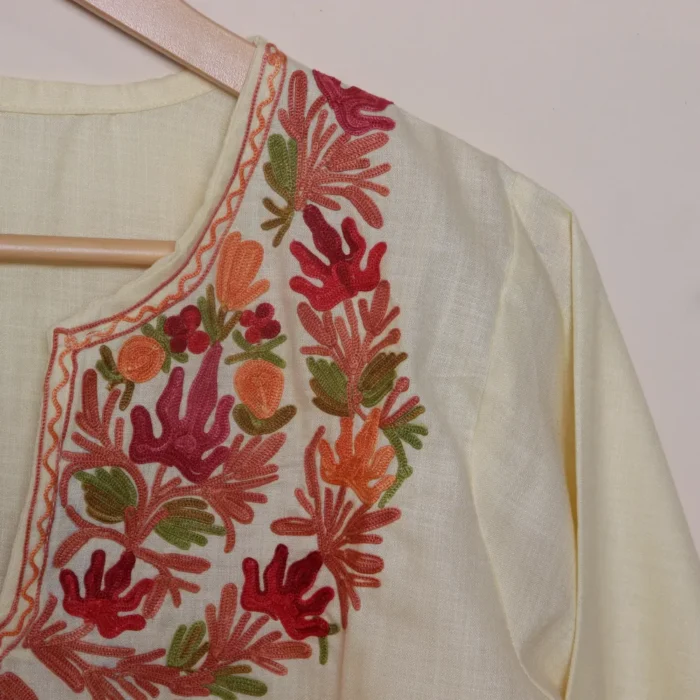 Kashmiri Pastel Yellow  Cotton Kurti with Chinari Aari Work | Pahalgam Collection - Image 4