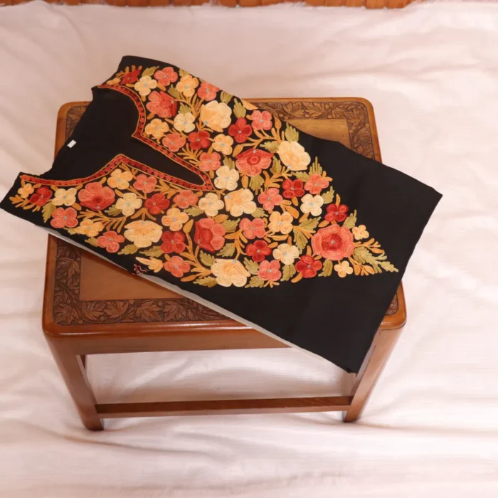 Aari Embroidered Black Long Cotton Kurti from Kashmir | Pahalgam Collection - Image 2