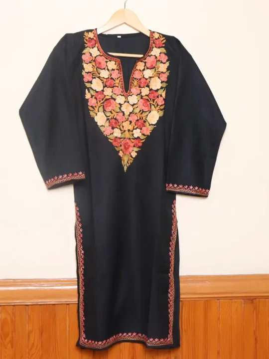 Aari Embroidered Black Long Cotton Kurti from Kashmir | Pahalgam Collection
