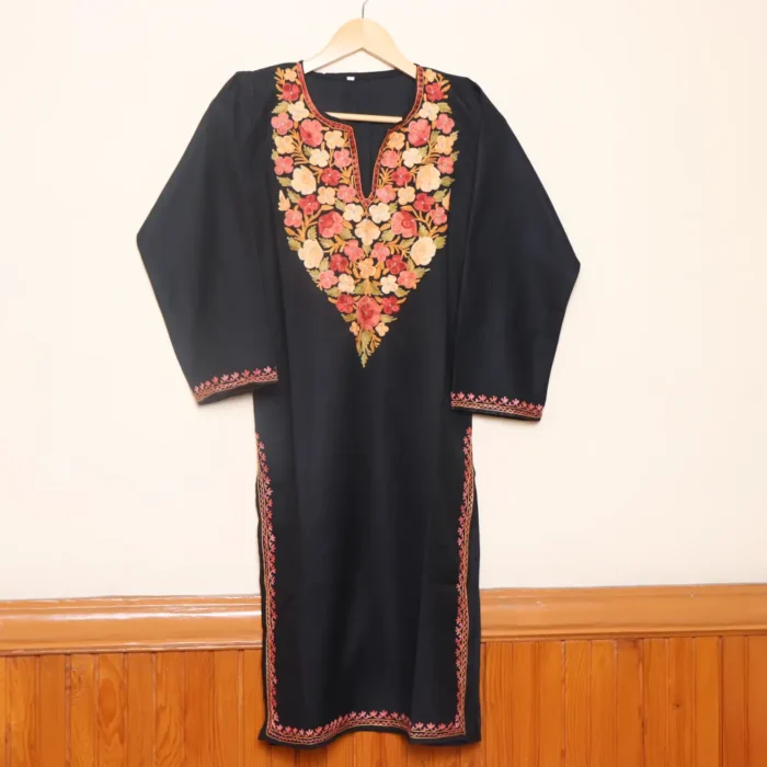 Aari Embroidered Black Long Cotton Kurti from Kashmir | Pahalgam Collection