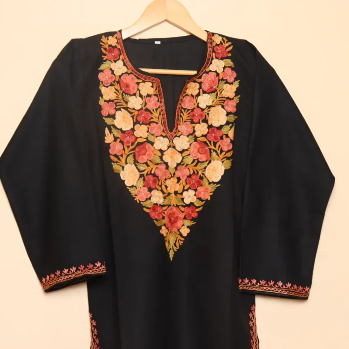 Aari Embroidered Black Long Cotton Kurti from Kashmir | Pahalgam Collection - Image 3