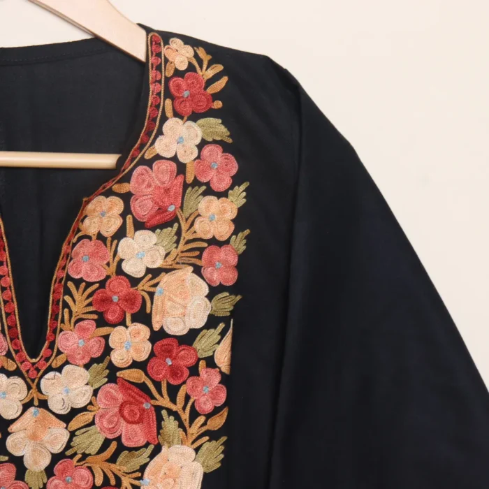 Aari Embroidered Black Long Cotton Kurti from Kashmir | Pahalgam Collection - Image 4