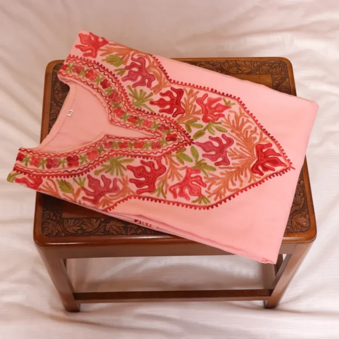 Kashmiri Pinkish Long Cotton Kurti with Chinari Aari Embroidery | Pahalgam Collection - Image 2