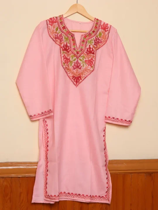 Kashmiri Pinkish Long Cotton Kurti with Chinari Aari Embroidery | Pahalgam Collection