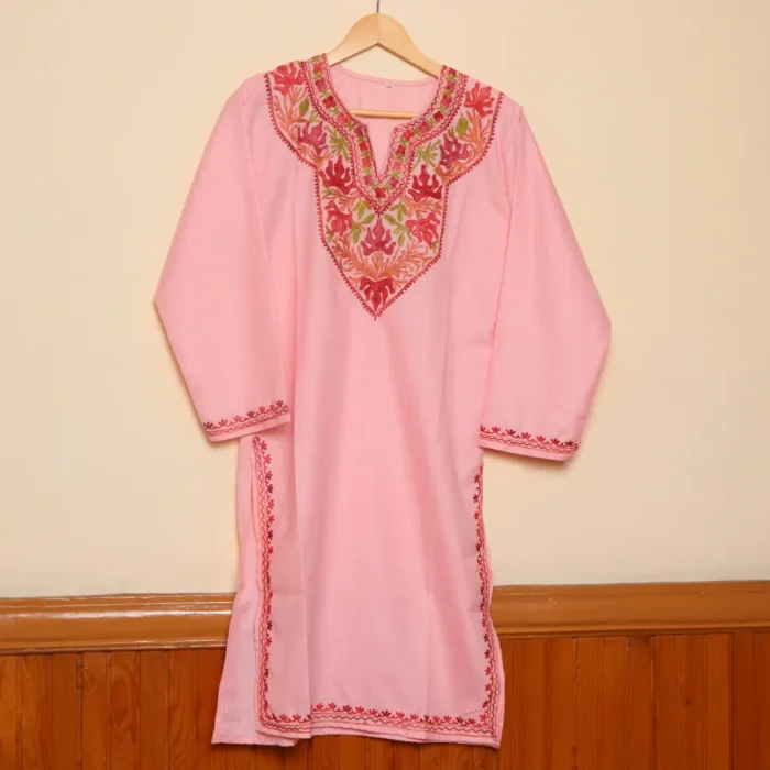 Kashmiri Pinkish Long Cotton Kurti with Chinari Aari Embroidery | Pahalgam Collection