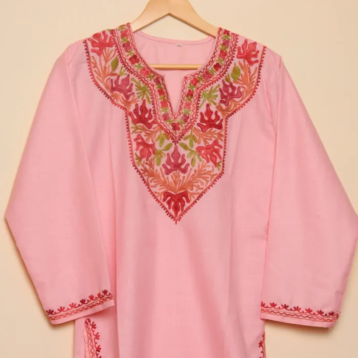 Kashmiri Pinkish Long Cotton Kurti with Chinari Aari Embroidery | Pahalgam Collection - Image 3