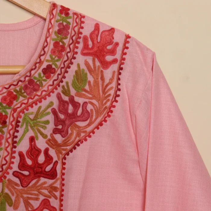 Kashmiri Pinkish Long Cotton Kurti with Chinari Aari Embroidery | Pahalgam Collection - Image 4