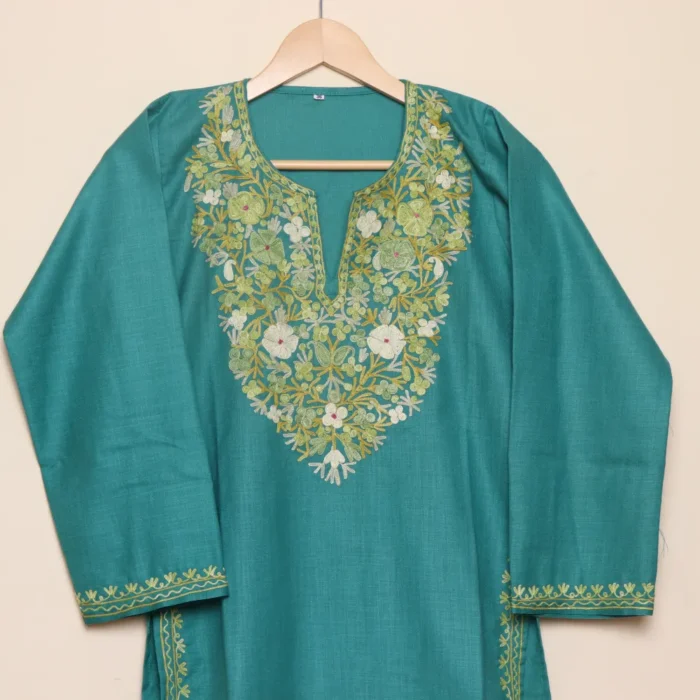 Aari Embroidered Green Long Cotton Kurti | Pahalgam Collection