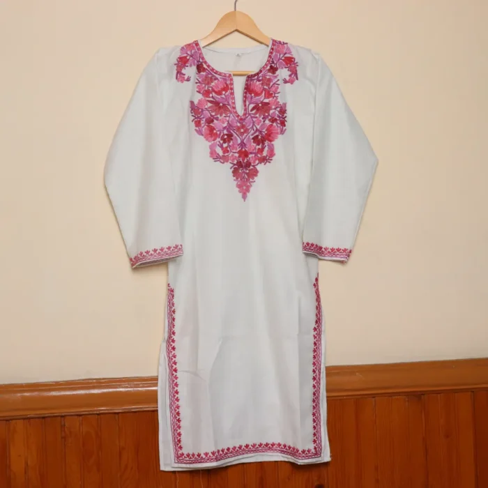 Elegant long Kashmiri Ruby Cotton White Kurti with Aari Embroidery | Pahalgam Collection - Image 5