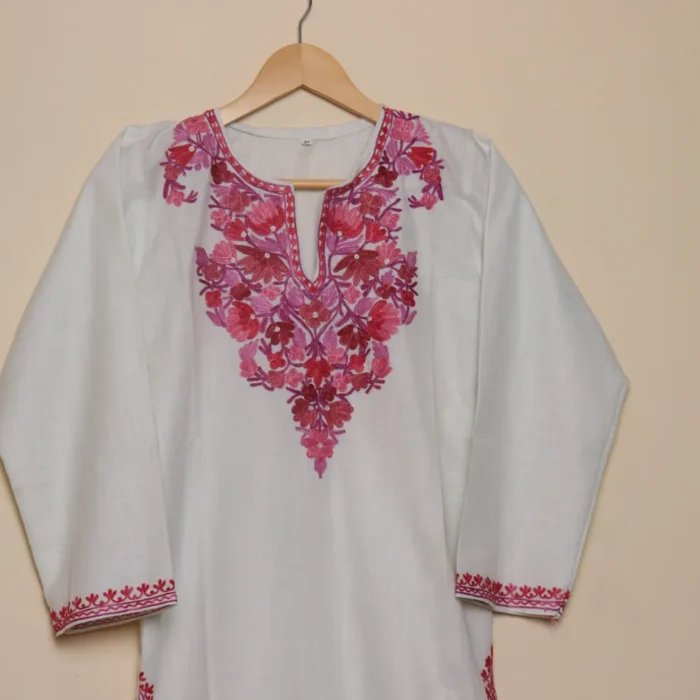 Elegant long Kashmiri Ruby Cotton White Kurti with Aari Embroidery | Pahalgam Collection - Image 3