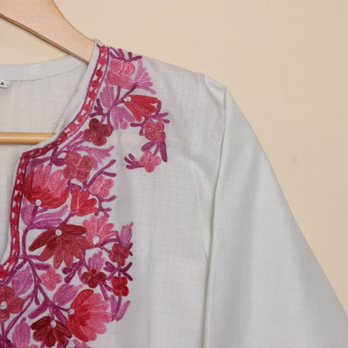 Elegant long Kashmiri Ruby Cotton White Kurti with Aari Embroidery | Pahalgam Collection - Image 4