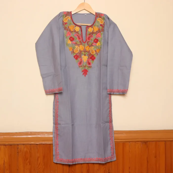 Long Chinari Aari Worked Grey Cotton Kurti | Pahalgam Collection - Image 4
