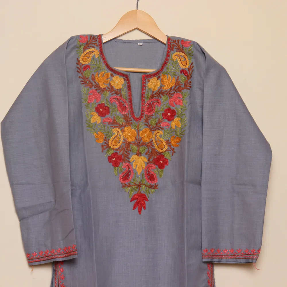 Long Chinari Aari Worked Grey Cotton Kurti | Pahalgam Collection - Image 2