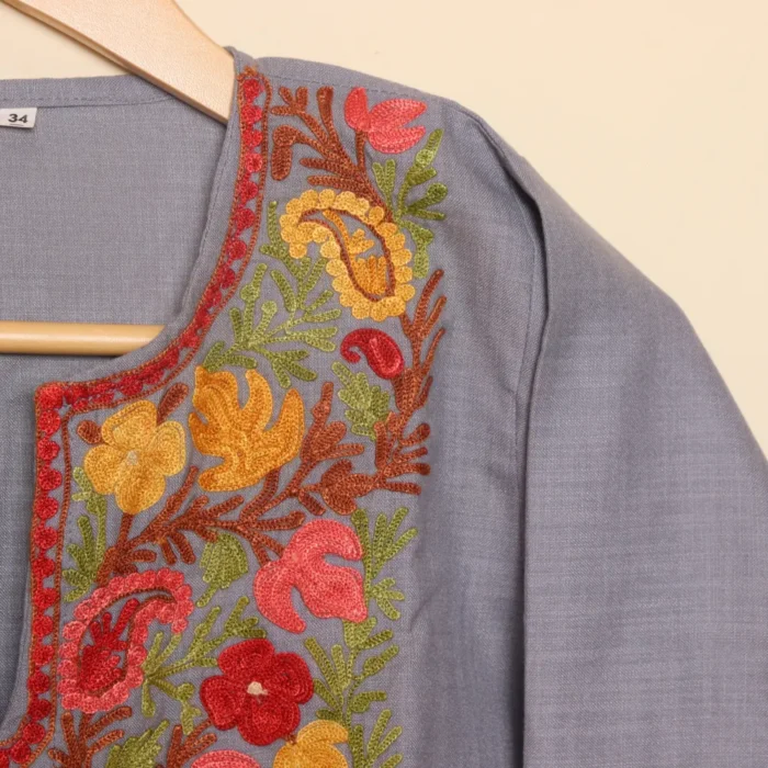 Long Chinari Aari Worked Grey Cotton Kurti | Pahalgam Collection - Image 3