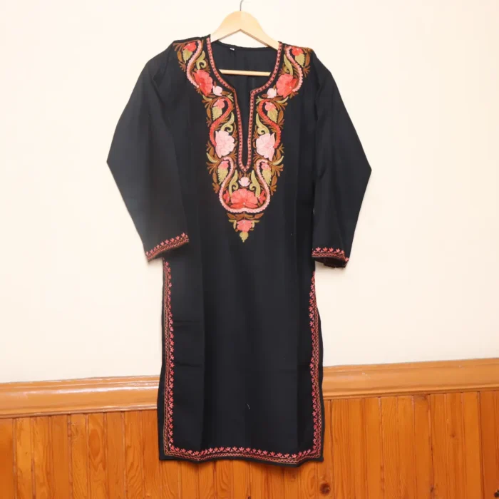Beautiful Long Ruby Cotton Black Kurti with Kashmiri Aari Work | Pahalgam Collection - Image 2