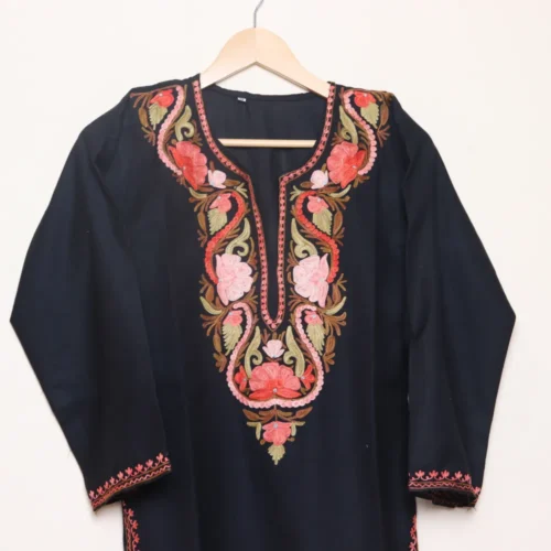 Beautiful Long Ruby Cotton Black Kurti with Kashmiri Aari Work | Pahalgam Collection