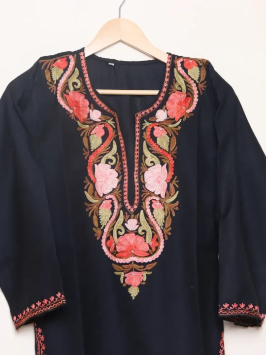 Beautiful Long Ruby Cotton Black Kurti with Kashmiri Aari Work | Pahalgam Collection