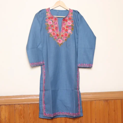 Long Kashmiri Ruby Cotton Dark Grey Kurti with Fine Aari Embroidery | Pahalgam Collection