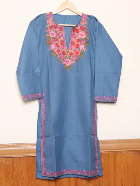 Long Kashmiri Ruby Cotton Dark Grey Kurti with Fine Aari Embroidery | Pahalgam Collection