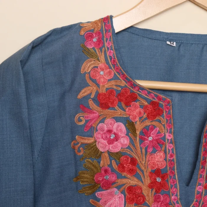 Long Kashmiri Ruby Cotton Dark Grey Kurti with Fine Aari Embroidery | Pahalgam Collection - Image 3