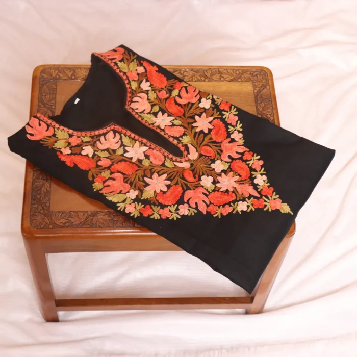 Long Black Ruby Cotton Kashmiri Kurti with Chinari Aari Details | Pahalgam Collection - Image 3
