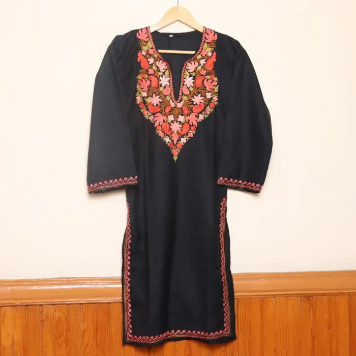 Long Black Ruby Cotton Kashmiri Kurti with Chinari Aari Details | Pahalgam Collection - Image 2