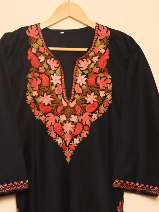 Long Black Ruby Cotton Kashmiri Kurti with Chinari Aari Details | Pahalgam Collection