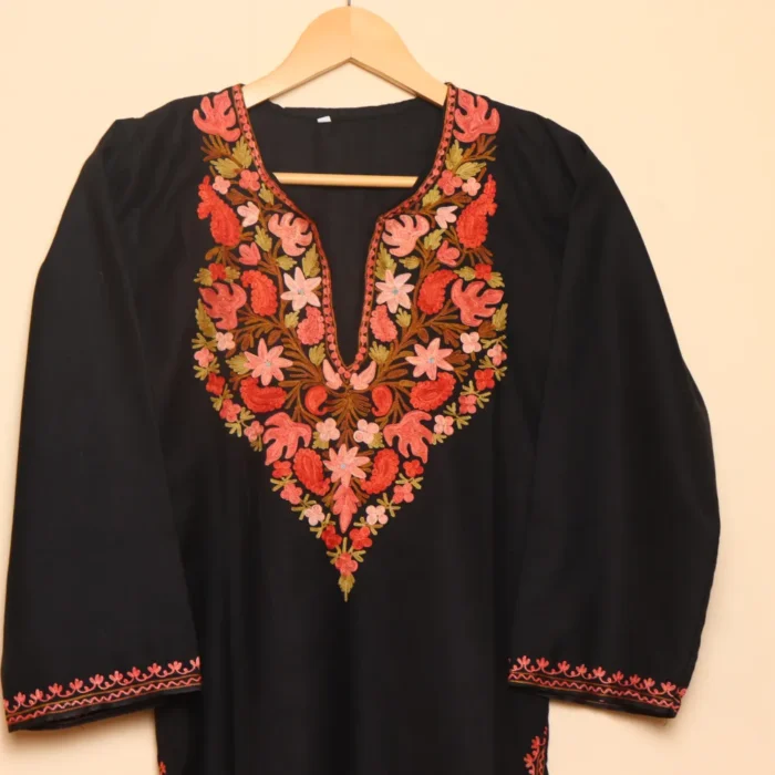 Long Black Ruby Cotton Kashmiri Kurti with Chinari Aari Details | Pahalgam Collection
