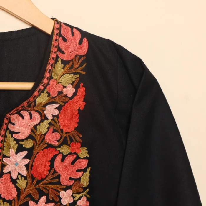 Long Black Ruby Cotton Kashmiri Kurti with Chinari Aari Details | Pahalgam Collection - Image 4