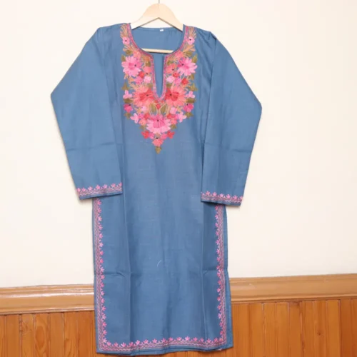 Kashmiri Aari Embroidered Dark Grey Long Ruby Cotton Kurti | Pahalgam Collection