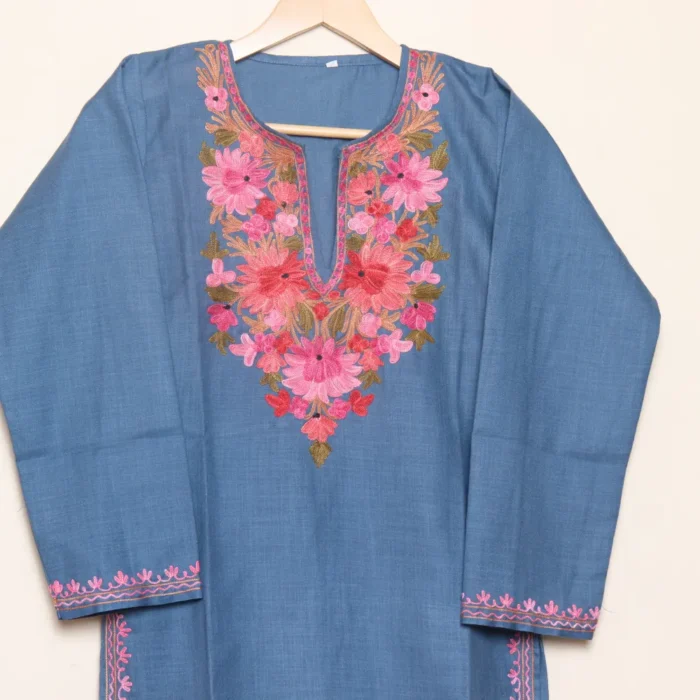 Kashmiri Aari Embroidered Dark Grey Long Ruby Cotton Kurti | Pahalgam Collection - Image 3