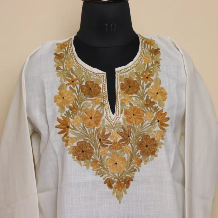 Kashmiri Short Aari Work Creamy Ruby Cotton Kurti with Everyday Charm | Pahalgam Collection - Image 3
