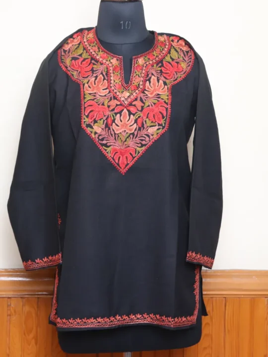 Elegant Aari Work Black Short Kashmiri Chinari Cotton Kurti | Pahalgam Collection