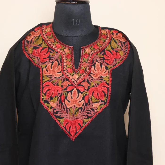 Elegant Aari Work Black Short Kashmiri Chinari Cotton Kurti | Pahalgam Collection - Image 3