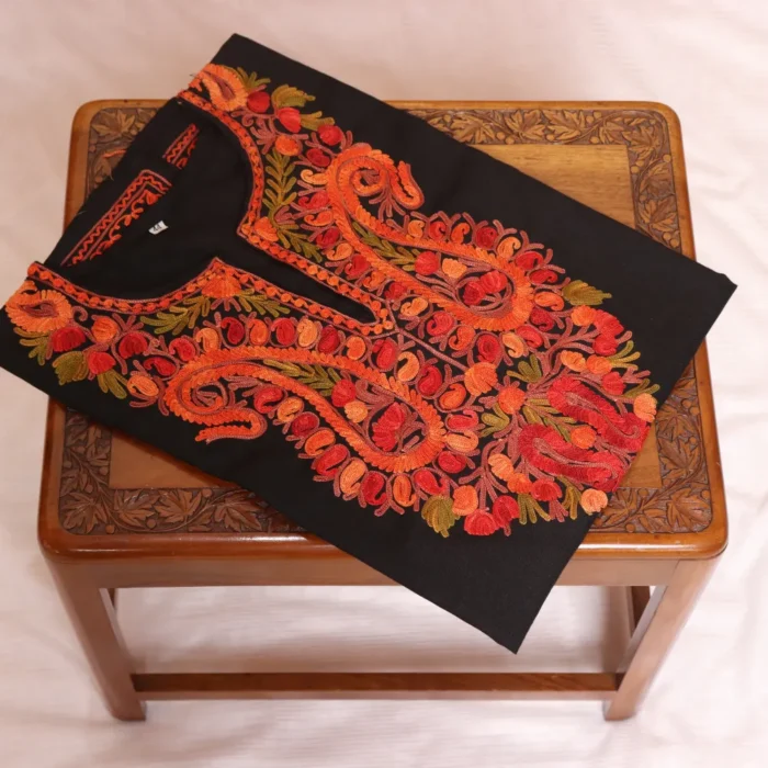 Kashmiri Short Black Ruby Cotton Kurti with Badaami Aari Work | Pahalgam Collection - Image 2