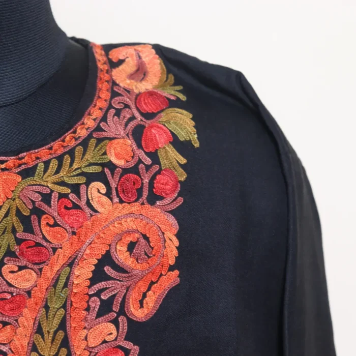 Kashmiri Short Black Ruby Cotton Kurti with Badaami Aari Work | Pahalgam Collection - Image 4
