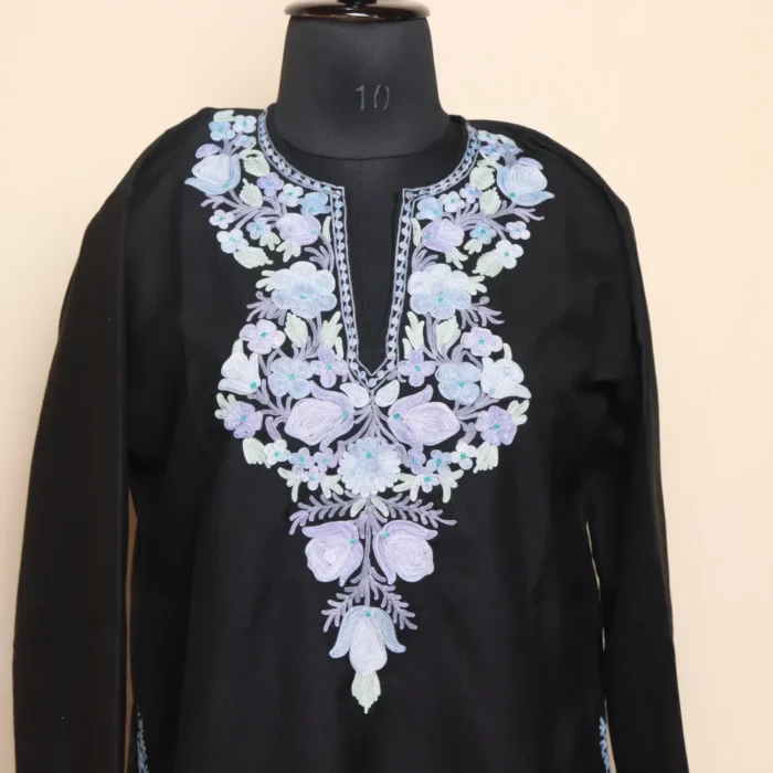 Kashmiri Short Ruby Cotton Black Kurti with Aari Details | Pahalgam Collection - Image 3