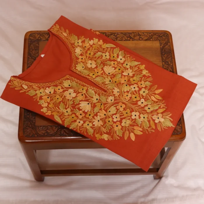 Rustic Orange Kashmiri Short Cotton Kurti with Aari Design | Pahalgam Collection - Image 2