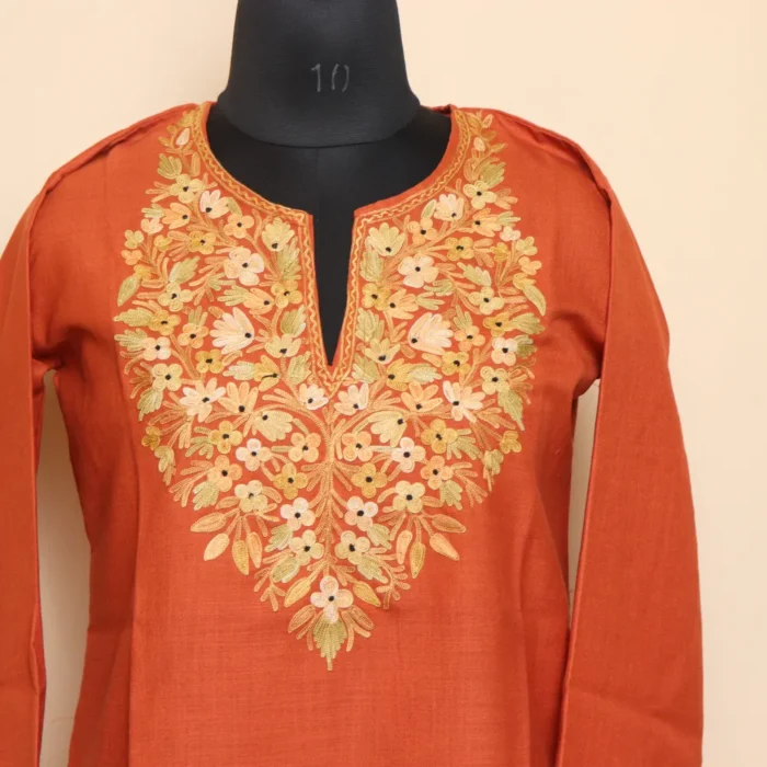 Rustic Orange Kashmiri Short Cotton Kurti with Aari Design | Pahalgam Collection - Image 3