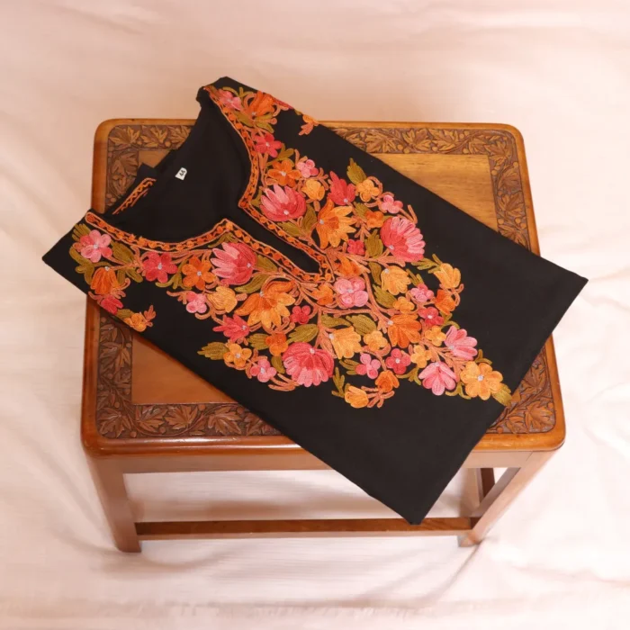 Kashmiri Chinar Aari Work Black Short Kurti in Ruby Cotton | Pahalgam Collection - Image 2
