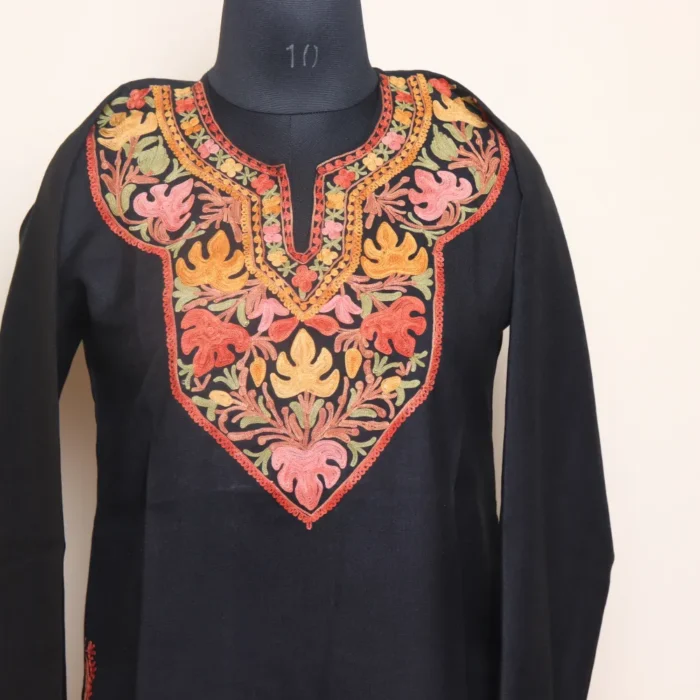 Kashmiri Chinar Aari Work Black Short Kurti in Ruby Cotton | Pahalgam Collection - Image 3