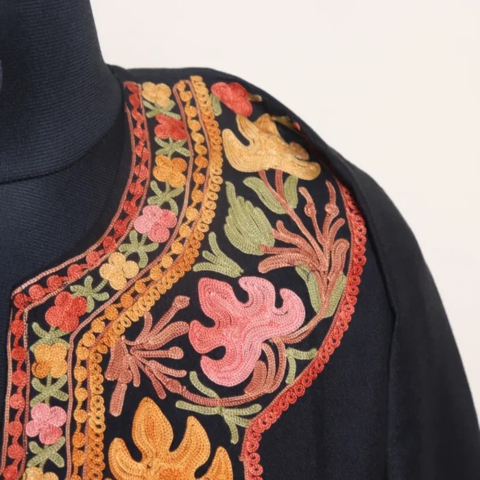 Kashmiri Chinar Aari Work Black Short Kurti in Ruby Cotton | Pahalgam Collection - Image 4