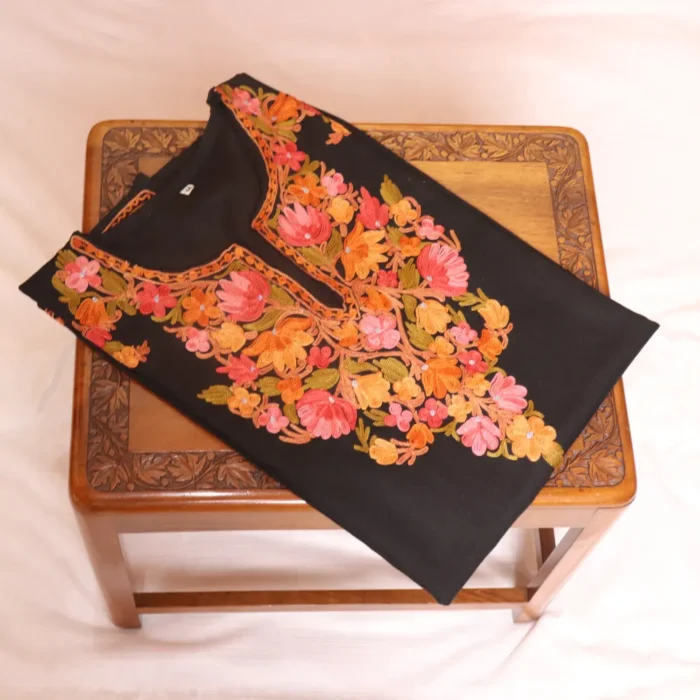 Black Short Cotton Kurti with Kashmiri Aari Motifs | Pahalgam Collection - Image 2