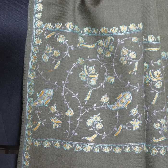 Kashmiri Green Sozni Worked Muffler in Soft 64 Count Fabric - Image 3