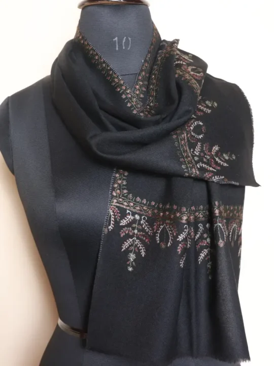 Kashmiri Black Sozni Embroidered Muffler in Lightweight 64 Coun