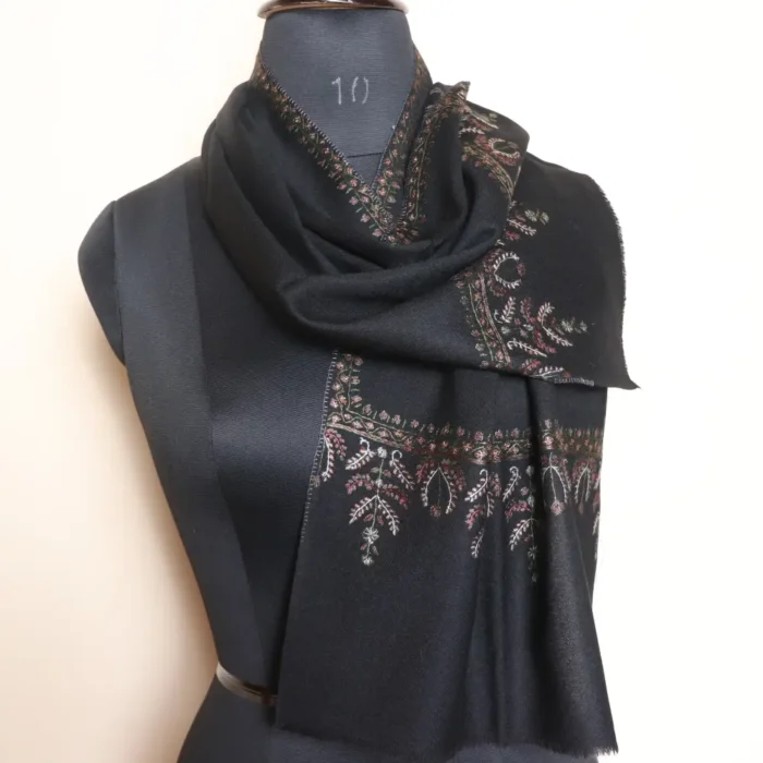Kashmiri Black Sozni Embroidered Muffler in Lightweight 64 Coun