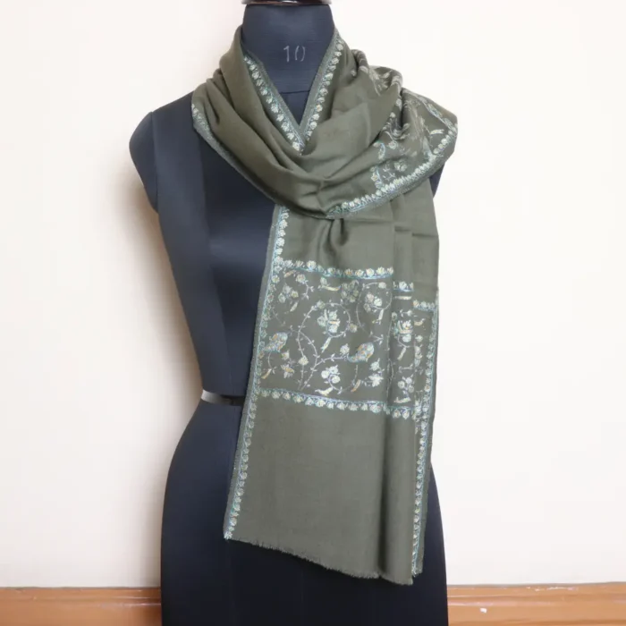 Kashmiri Green Sozni Worked Muffler in Soft 64 Count Fabric