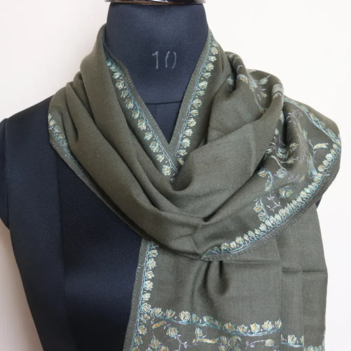 Kashmiri Green Sozni Worked Muffler in Soft 64 Count Fabric - Image 2