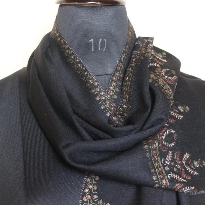Kashmiri Black Sozni Embroidered Muffler in Lightweight 64 Coun - Image 2