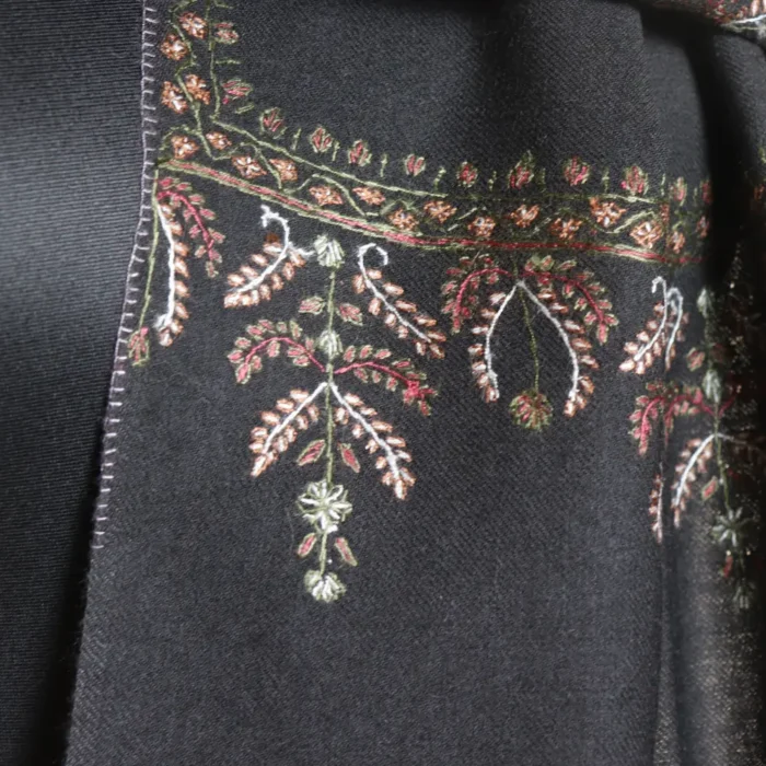 Kashmiri Black Sozni Embroidered Muffler in Lightweight 64 Coun - Image 3